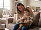 Mãe fazendo inalação com Fluibron A em criança usando máscara pediátrica em casa