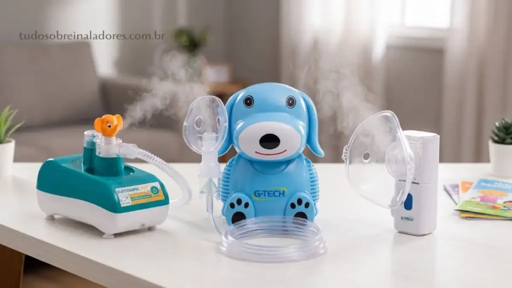 Inalação com Soro em Bebês e Crianças: Guia 2026 5 Três inaladores para bebês e crianças sobre mesa: Pulmosonic ultrassônico, G-Tech infantil cachorrinho e Nebcom mesh portátil com máscaras adulta e infantil
