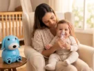 Mãe fazendo inalação com soro em bebê usando máscara infantil em casa