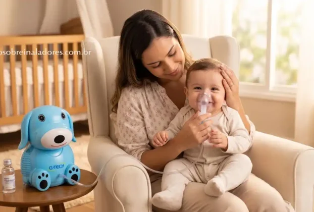 Mãe fazendo inalação com soro em bebê usando máscara infantil em casa