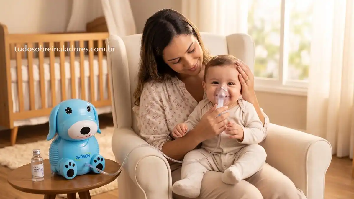 Inalação com Soro em Bebês e Crianças: Guia 2026 1 Mãe fazendo inalação com soro em bebê usando máscara infantil em casa