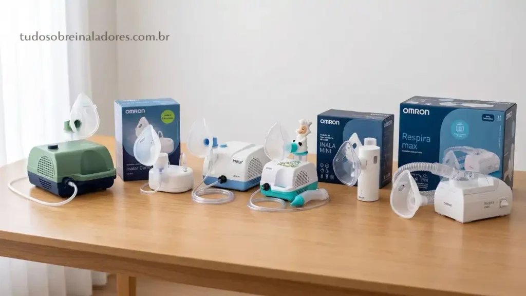 Inalador Omron é Bom? Review dos Melhores Modelos em 2026 2 Comparativo dos modelos de inalador Omron sobre uma mesa