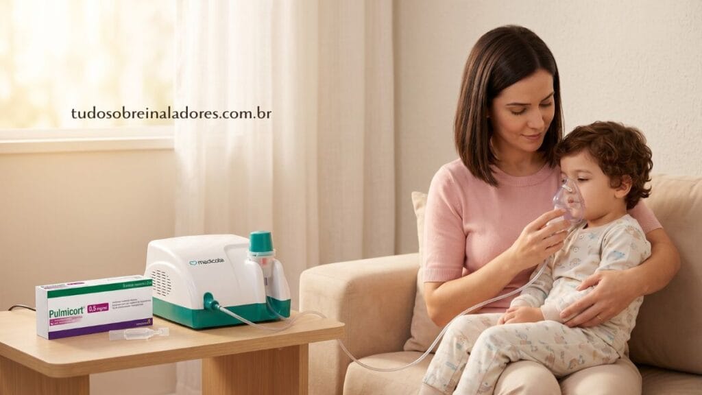 Por que não posso usar Pulmicort em nebulizador ultrassônico.
Mãe administrando Pulmicort em criança usando nebulizador a compressor Medicate MD1000
